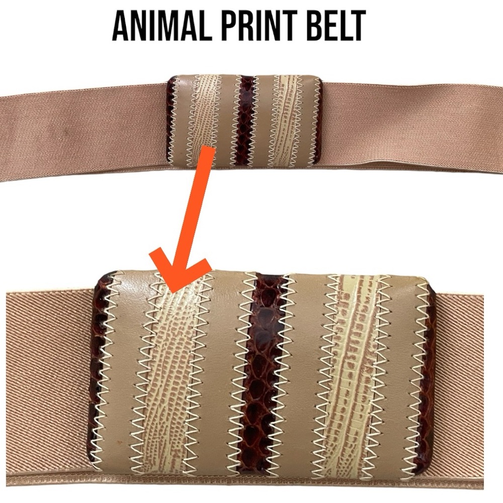 Vintage elastic belt w/ patchwork, leather buckle tan & brown colors One size .
